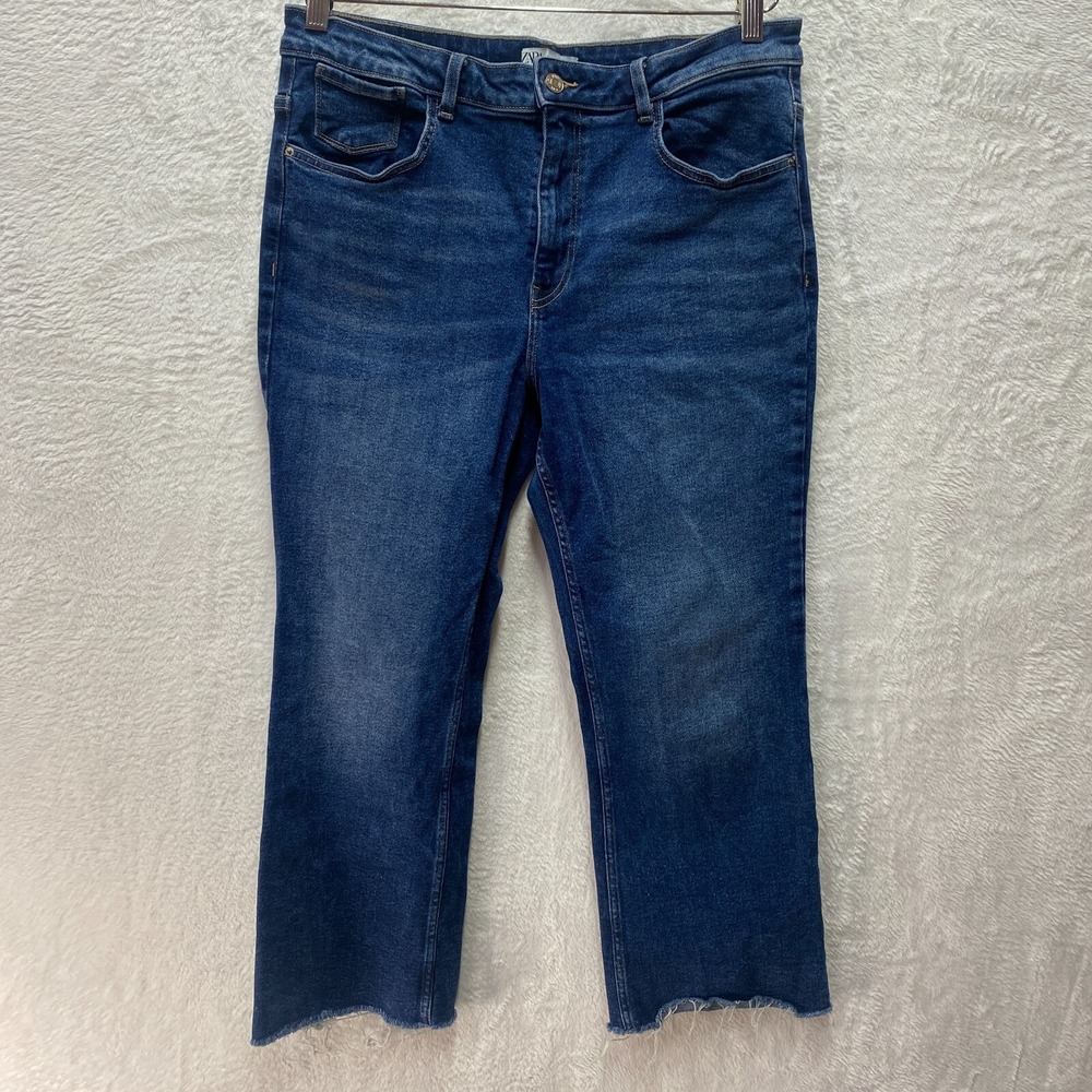 Zara Jeans Women 12 Blue Denim Cotton Stretch High Rise Frayed Hem Ankle